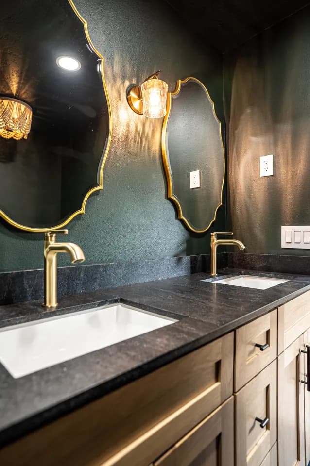 Same vanity: undermount sink, brass faucet, gold mirror close-up