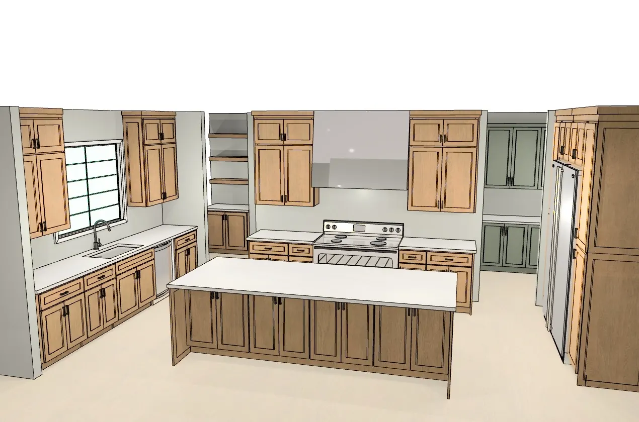 Design drawing of a kitchen cabinet layout, part of the estimate and design process, not a finished project