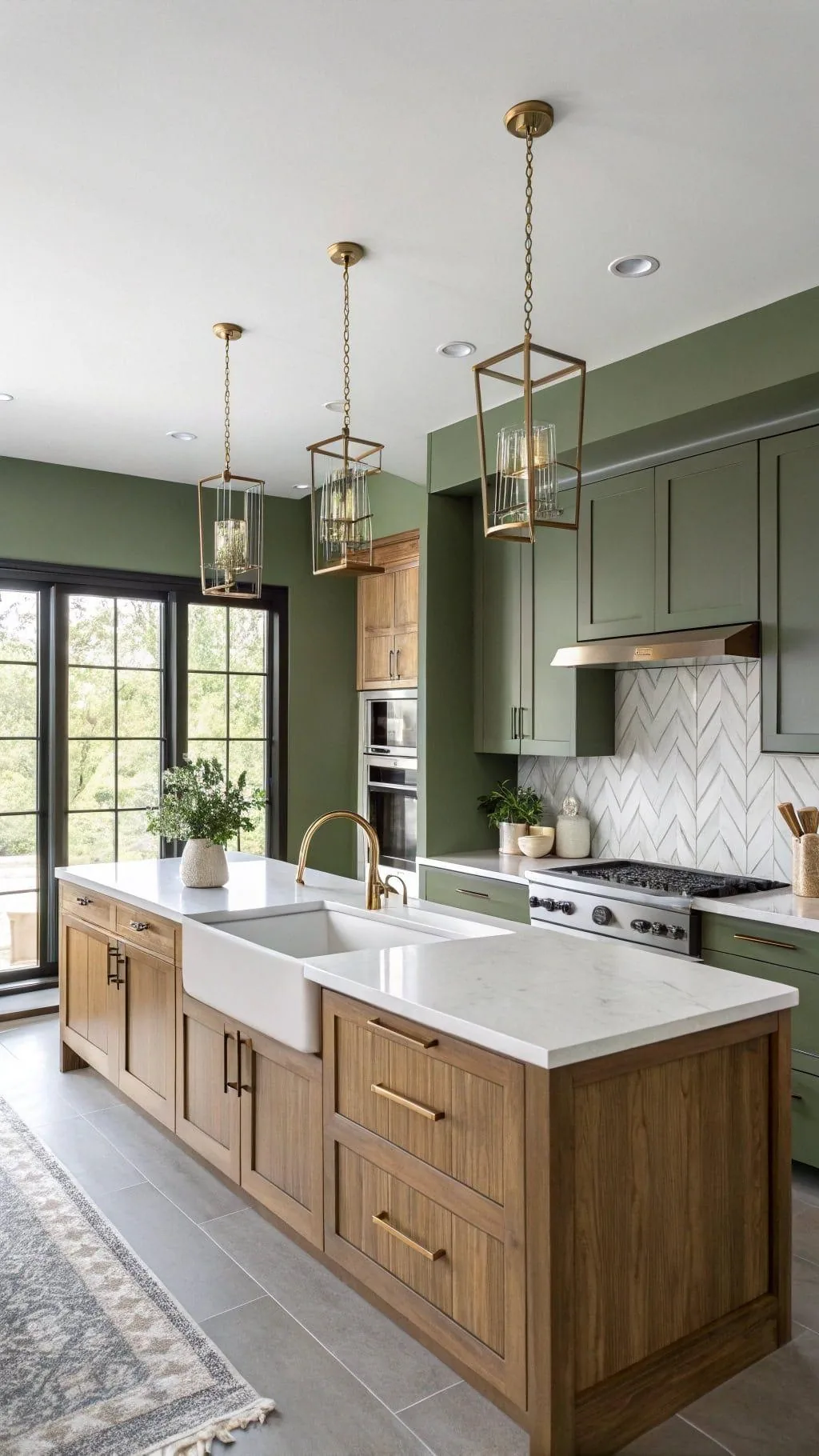 Green kitchen with a wood-top island and black spindle stools